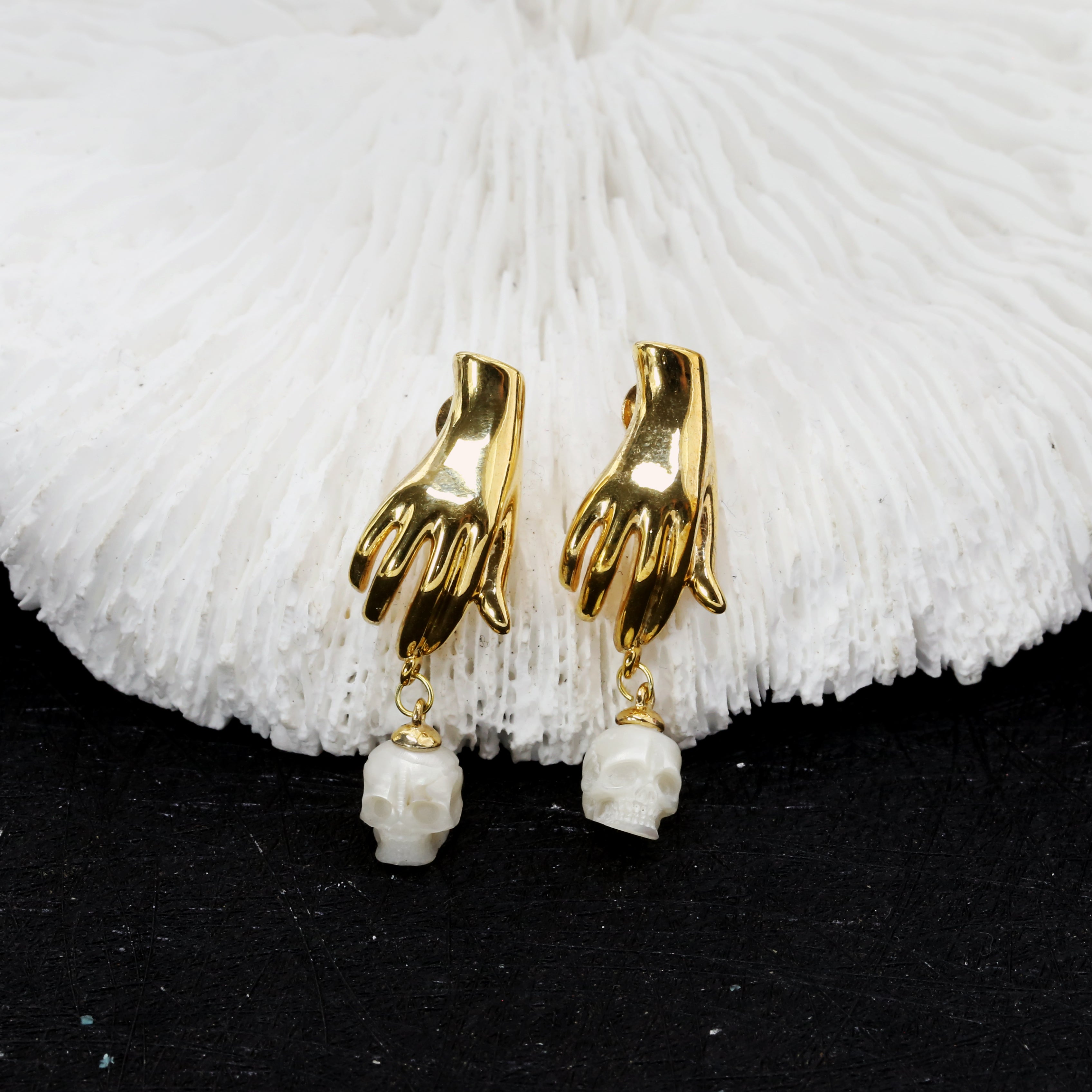 Hand Shaped Pearl Skull Statement Earrings