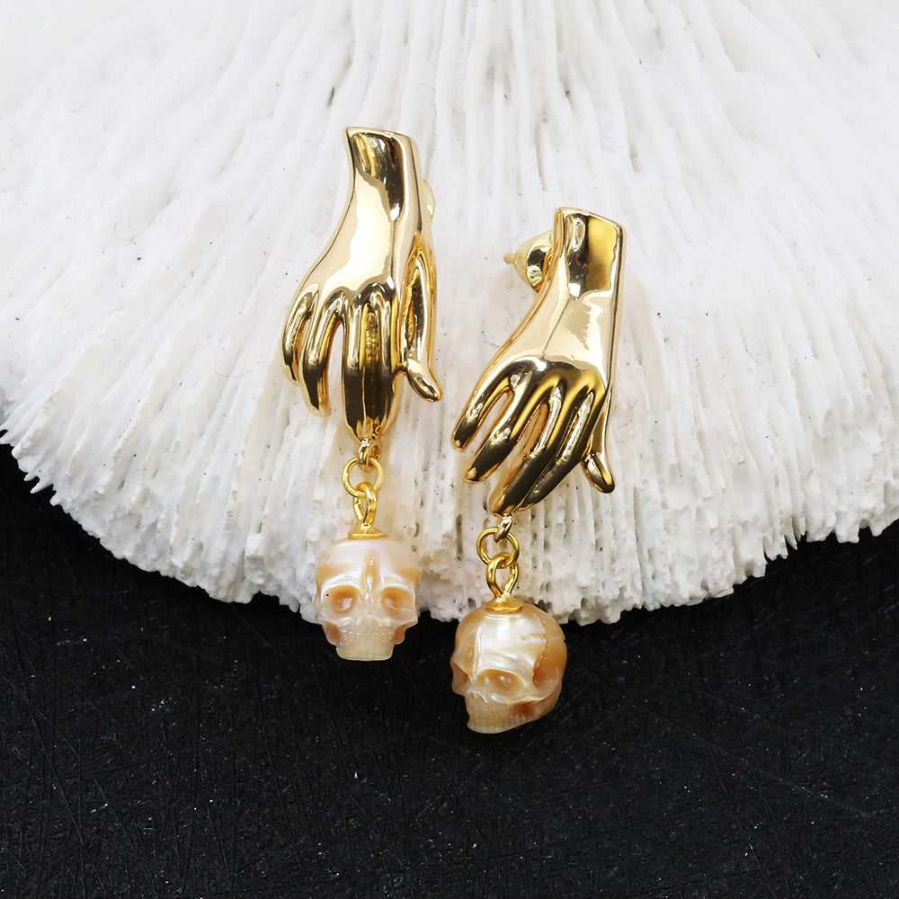 Hand Shaped Pearl Skull Statement Earrings