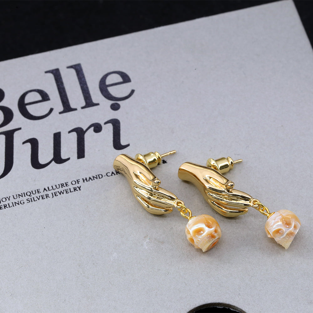 Hand Shaped Pearl Skull Statement Earrings