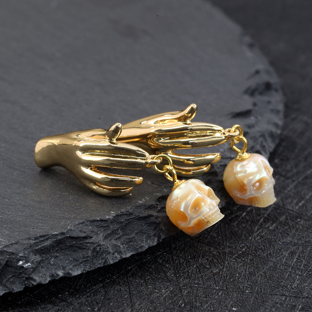 Hand Shaped Pearl Skull Statement Earrings