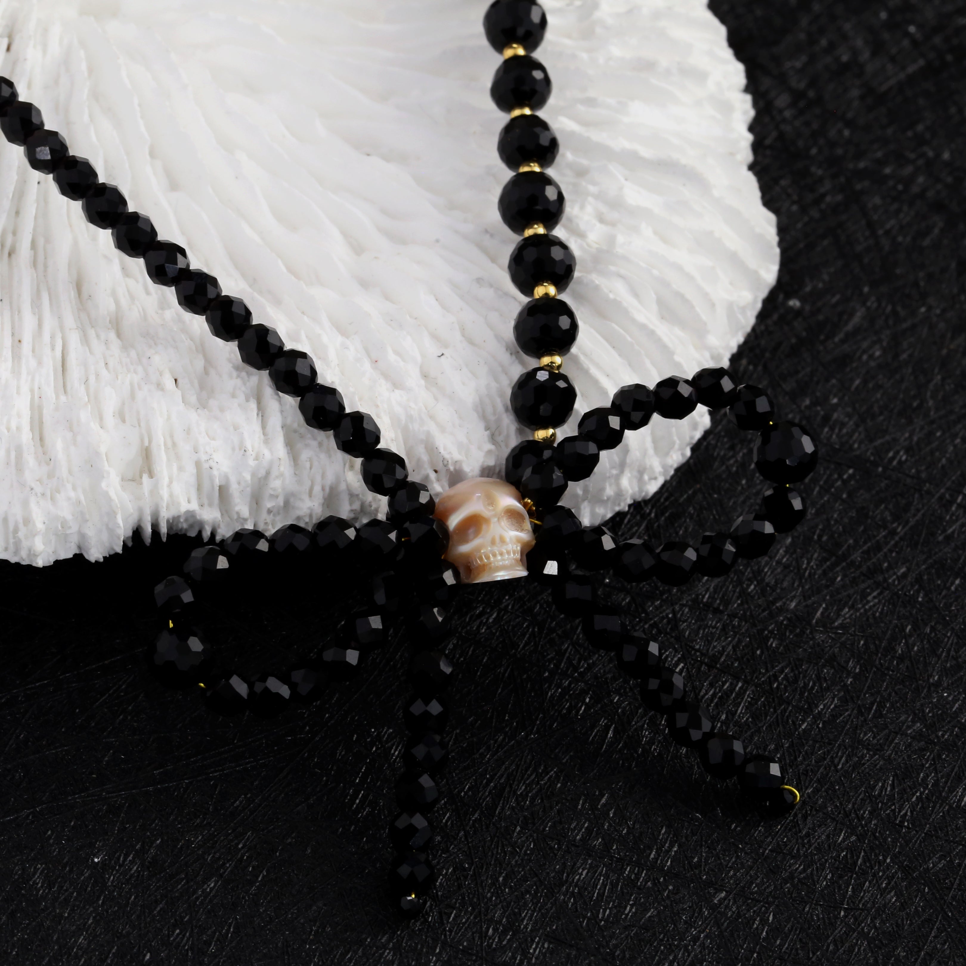 Handmade Black Spinel Bow Pearl Skull Beaded Necklace