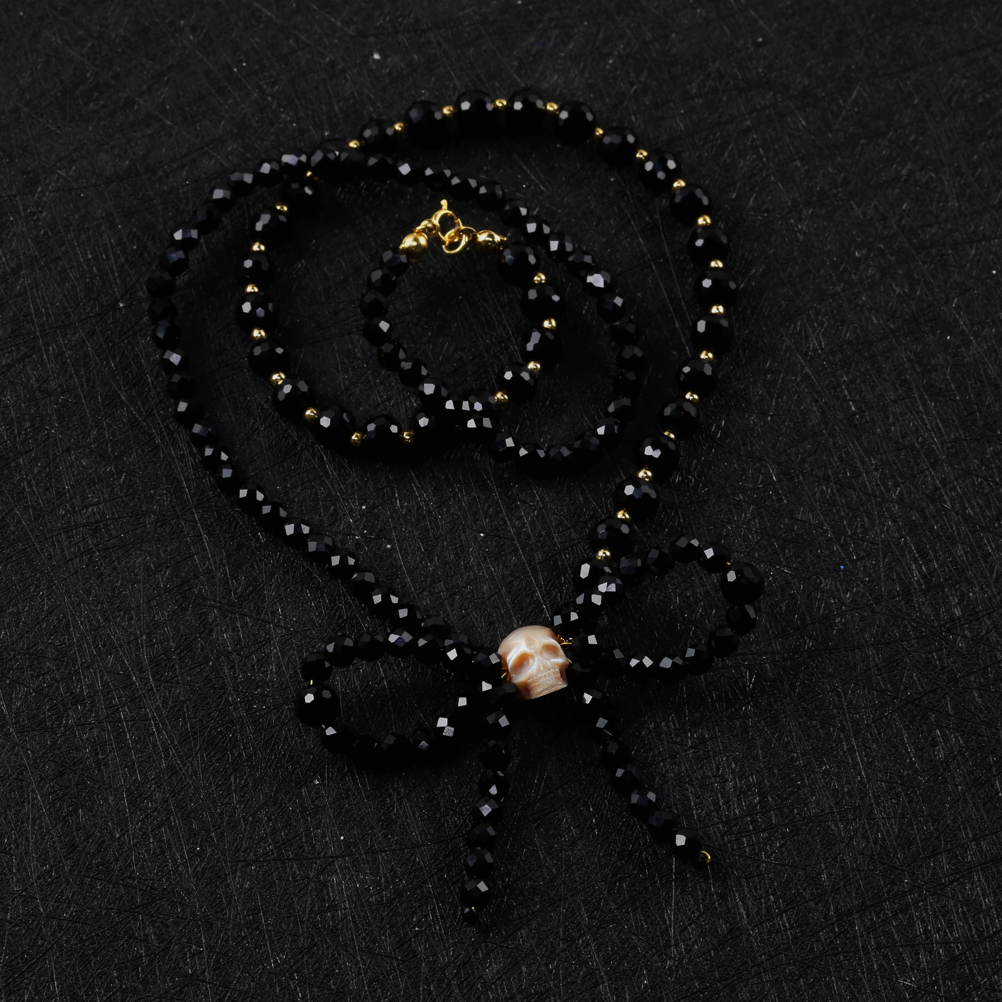 Handmade Black Spinel Bow Pearl Skull Beaded Necklace