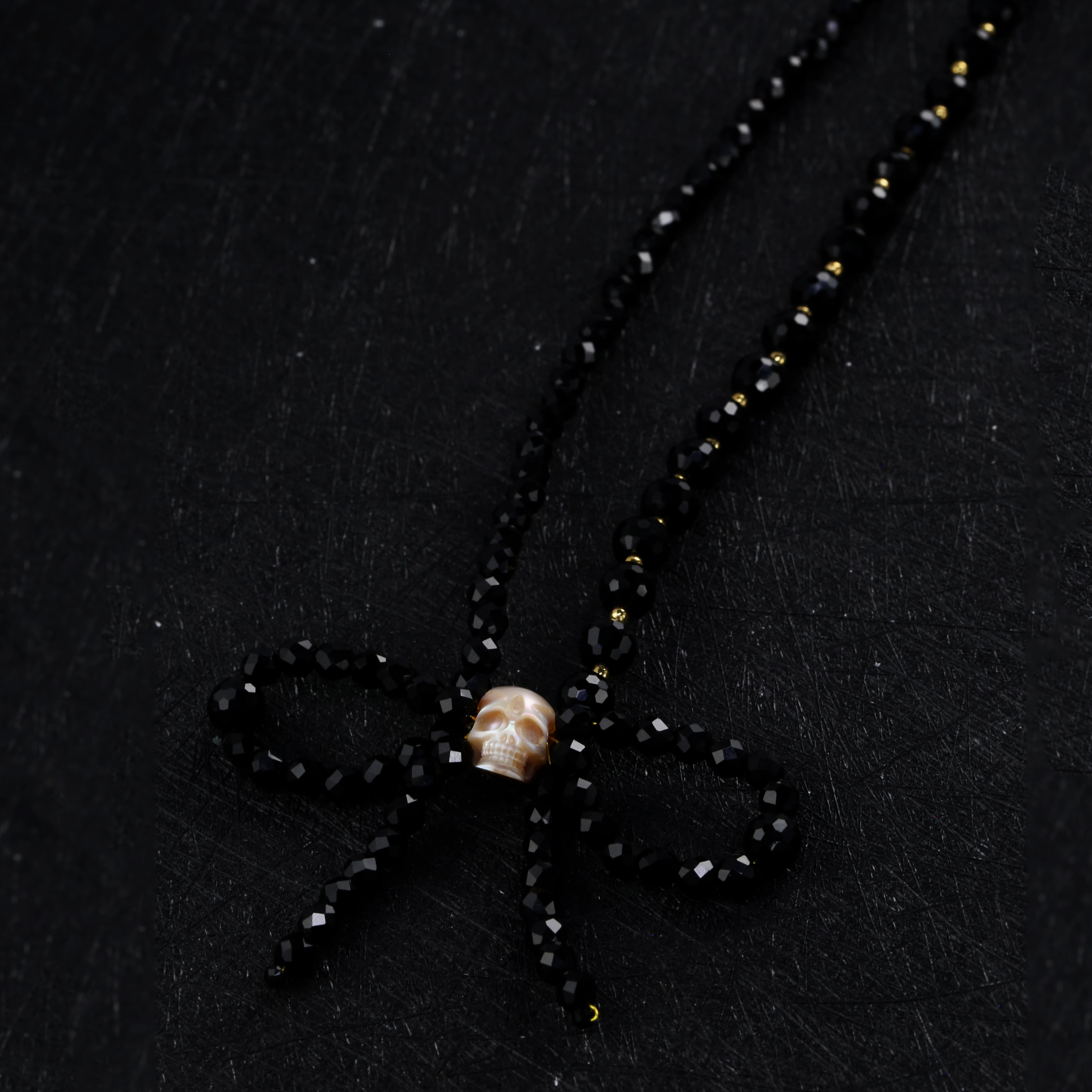 Handmade Black Spinel Bow Pearl Skull Beaded Necklace