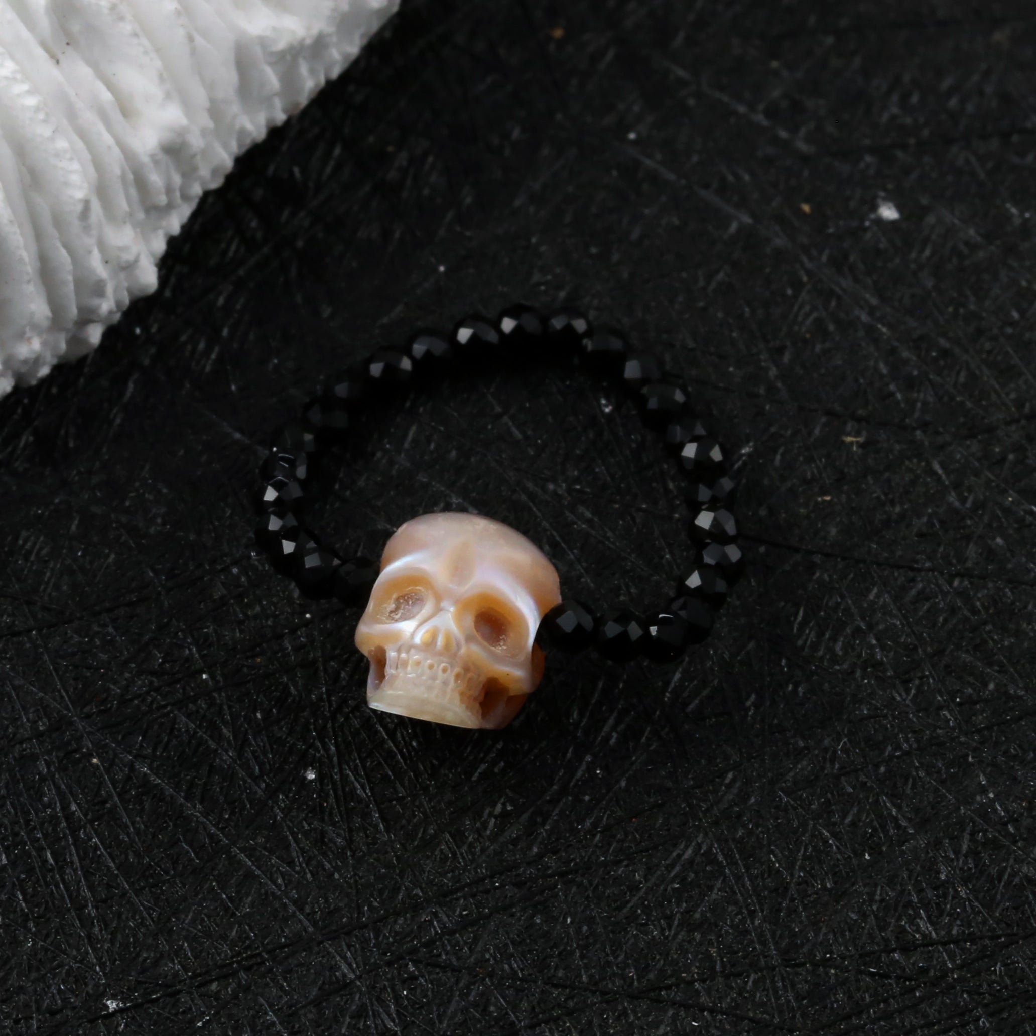 Handmade Black Spinel Pearl Skull Beaded Ring