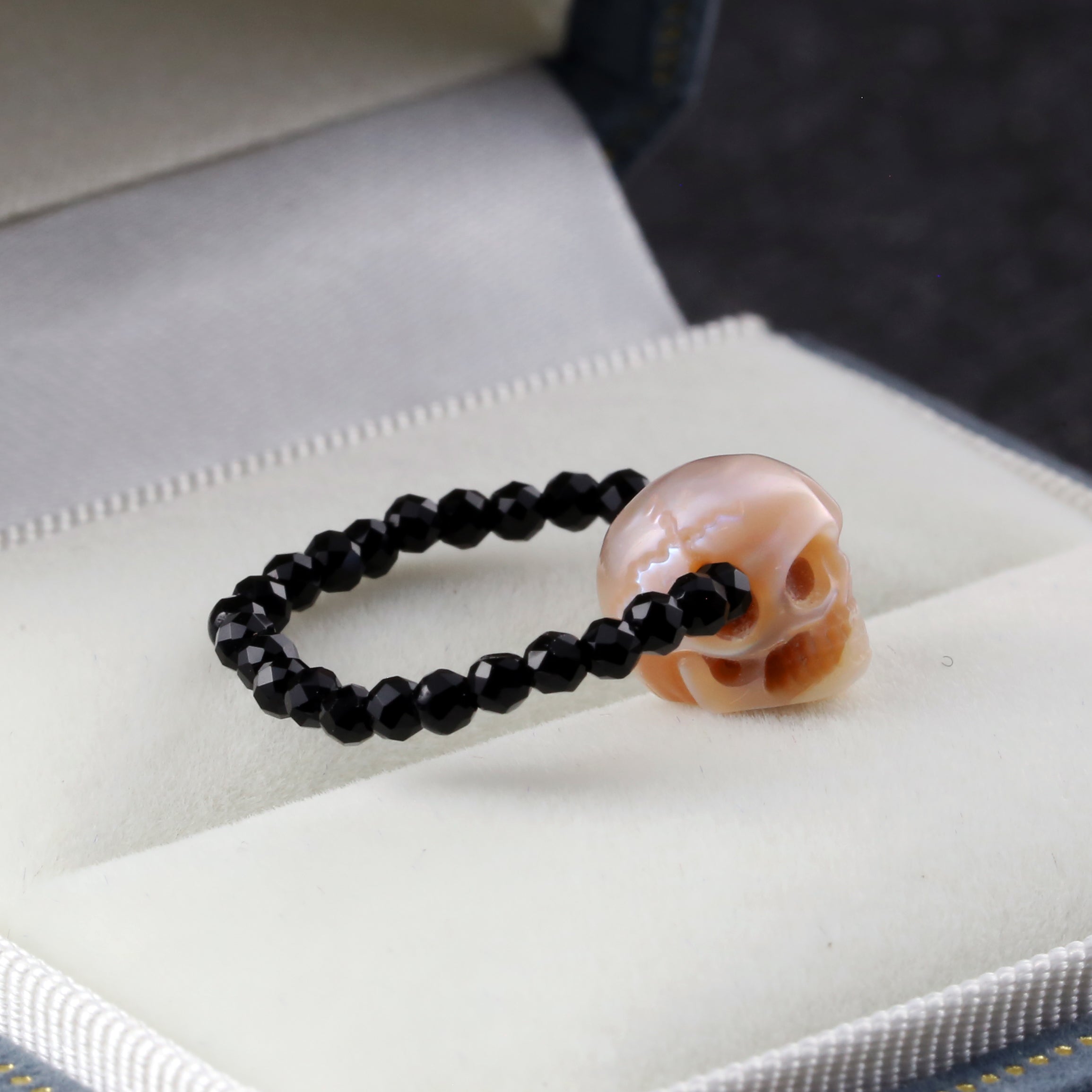 Handmade Black Spinel Pearl Skull Beaded Ring