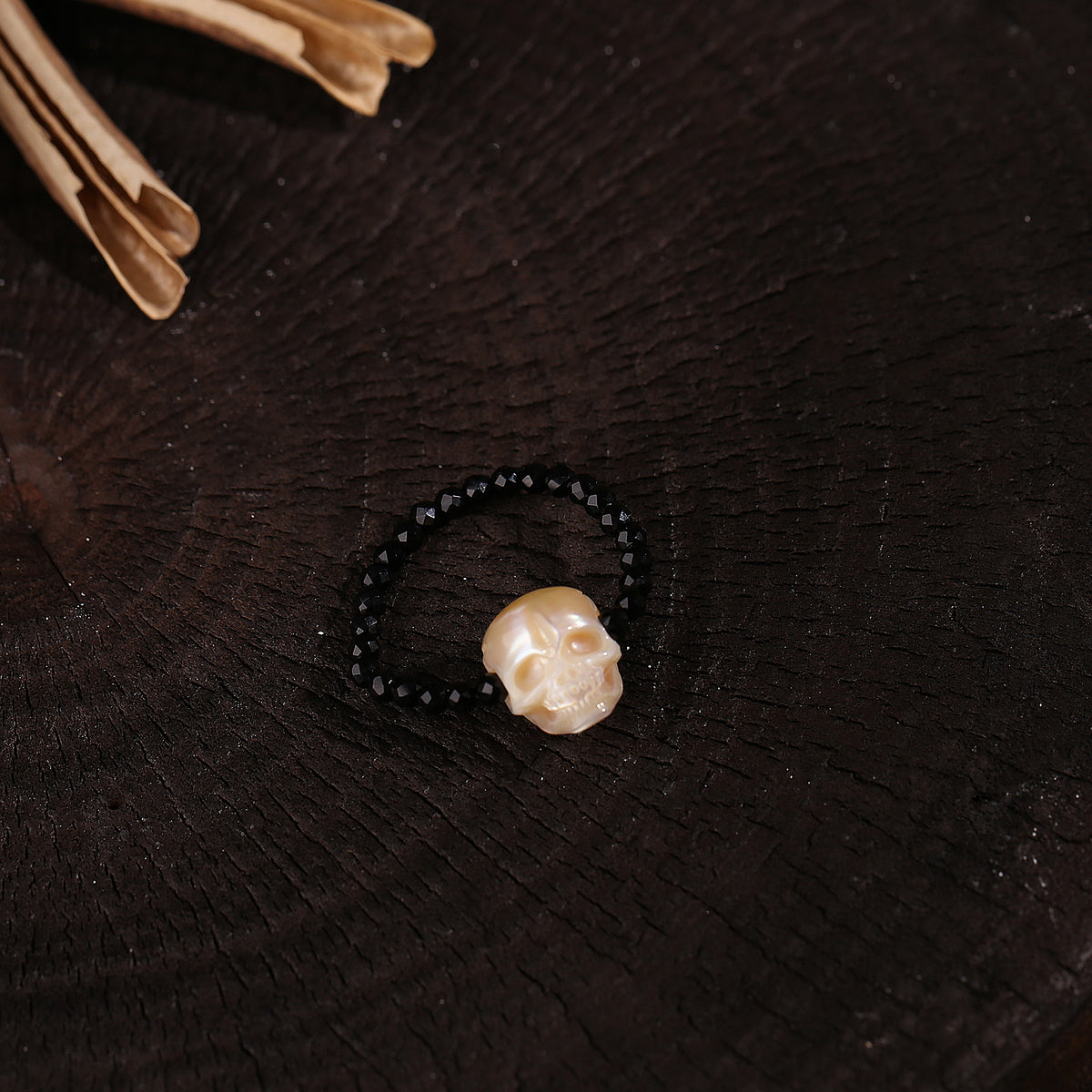 Handmade Black Spinel Pearl Skull Beaded Ring