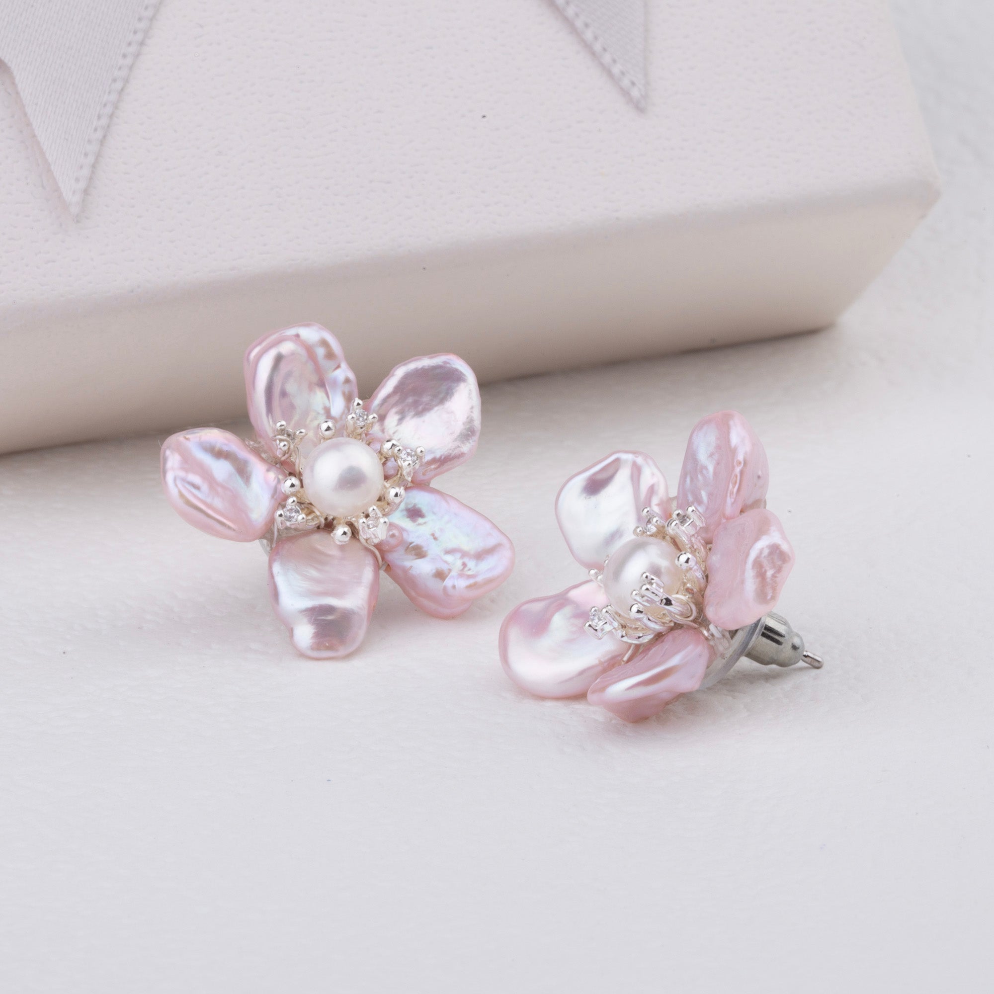 Handwoven Pink Floral Stud Earrings