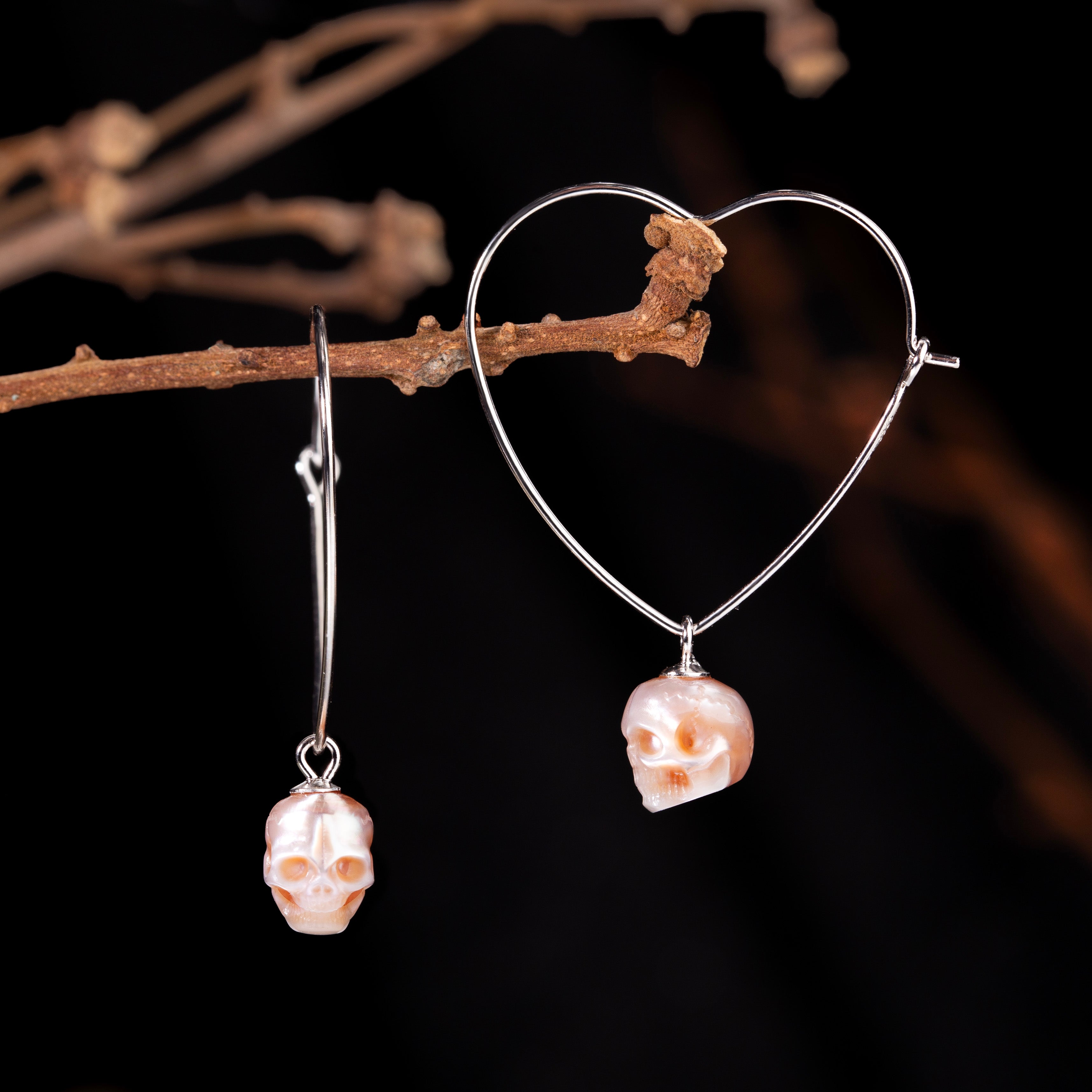 Heart-shaped Silver Pearl Skull Earrings