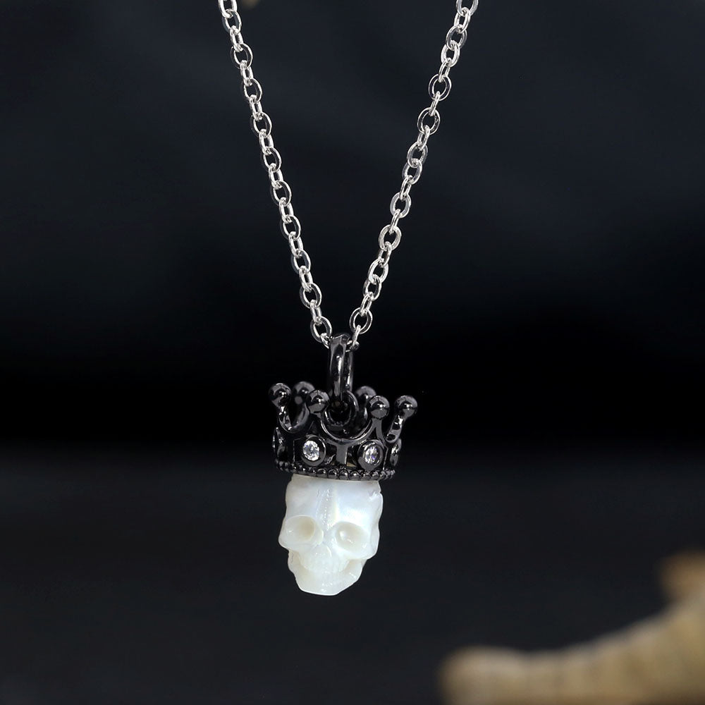 Black Crown CZ Pearl Skull Pendant Necklace