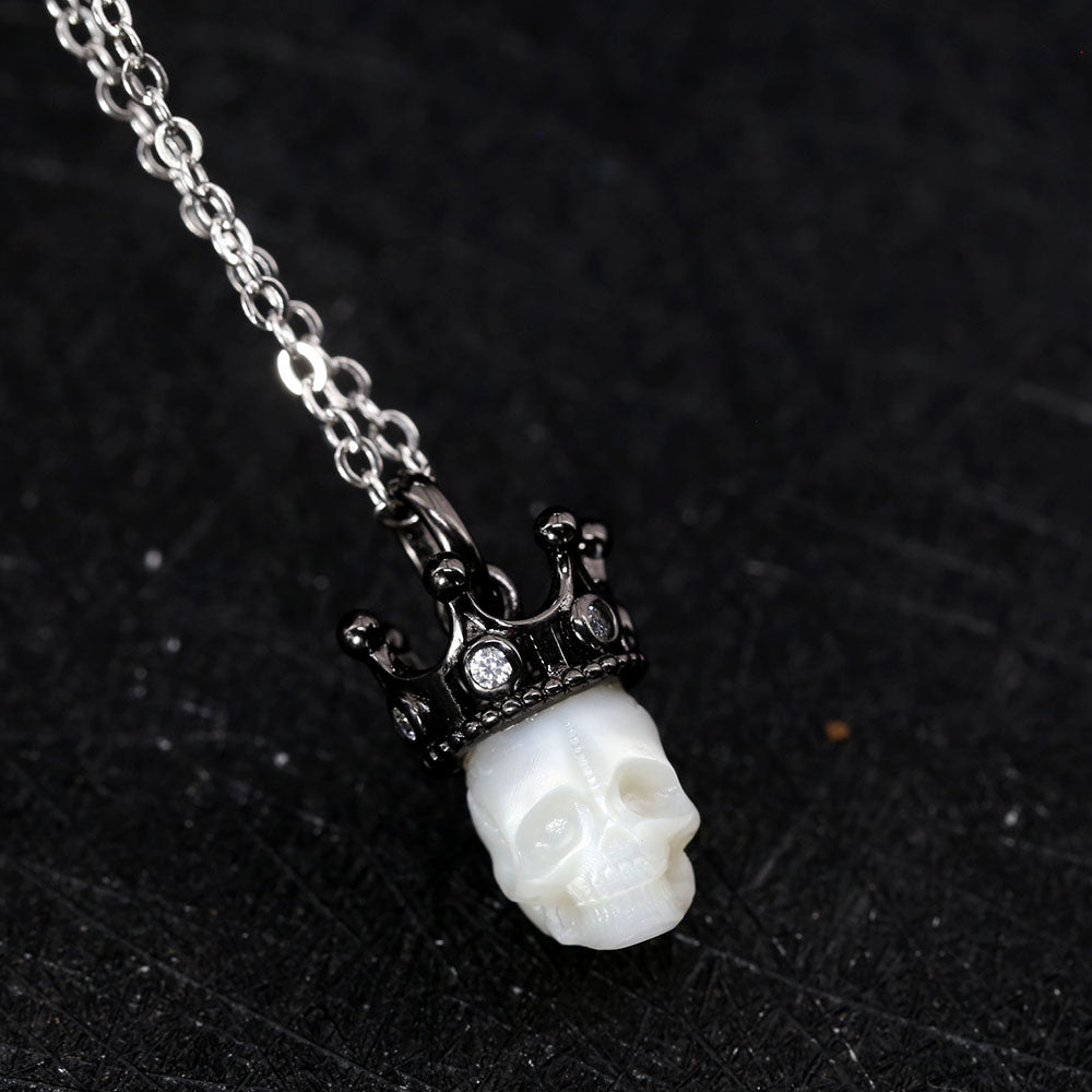 Black Crown CZ Pearl Skull Pendant Necklace