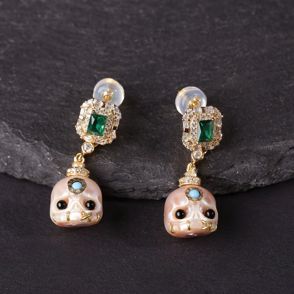 Carved Pearl Skull Śmaśana Emerald CZ Halo Dangle Earrings
