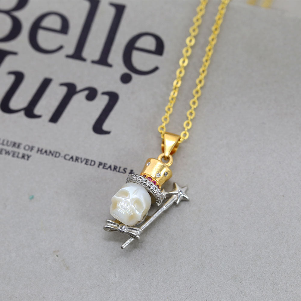 Magician Pearl Cranium Necklace with CZ Top Hat