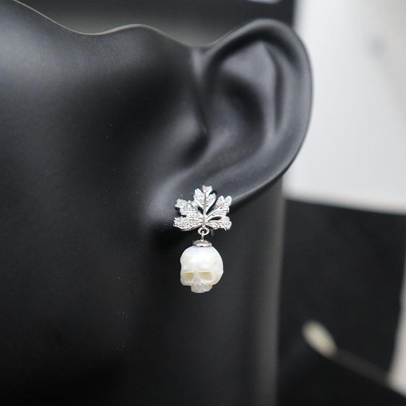 Maple Leaf Pearl Skull Stud Earrings - Belle Juri