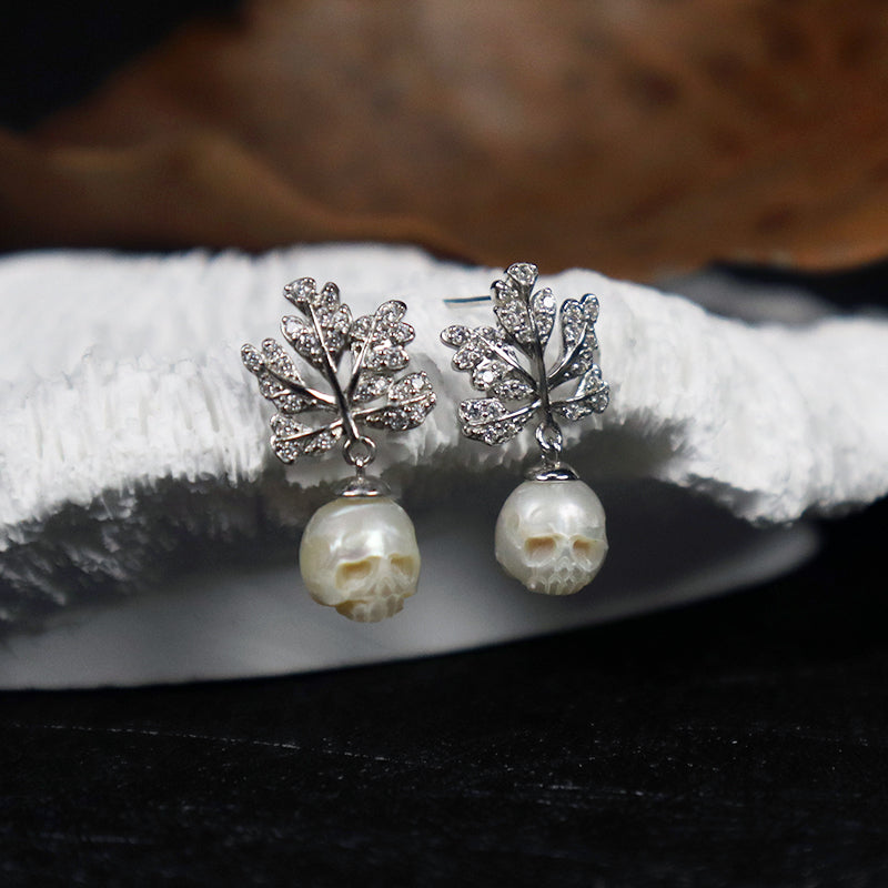 Maple Leaf Pearl Skull CZ Stud Earrings