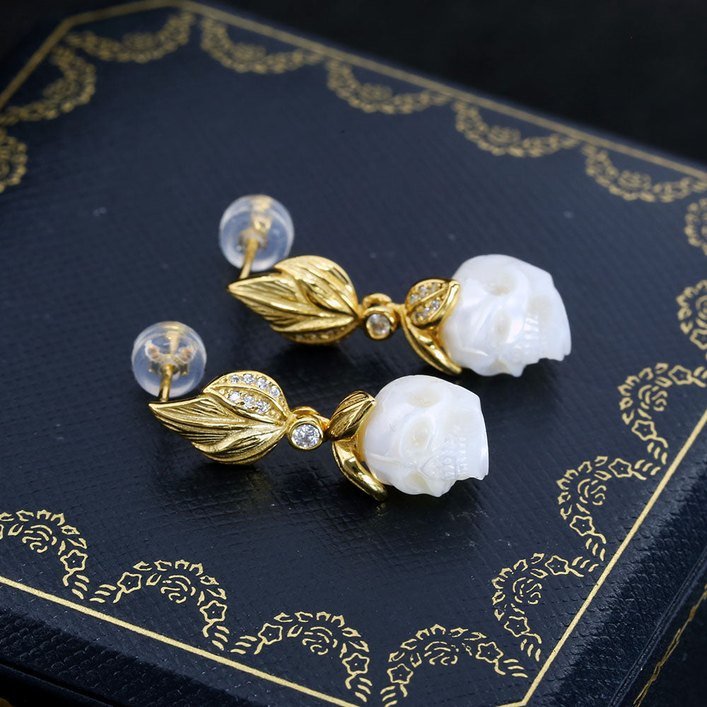 Matte Leaf Pearl Skull Earrings