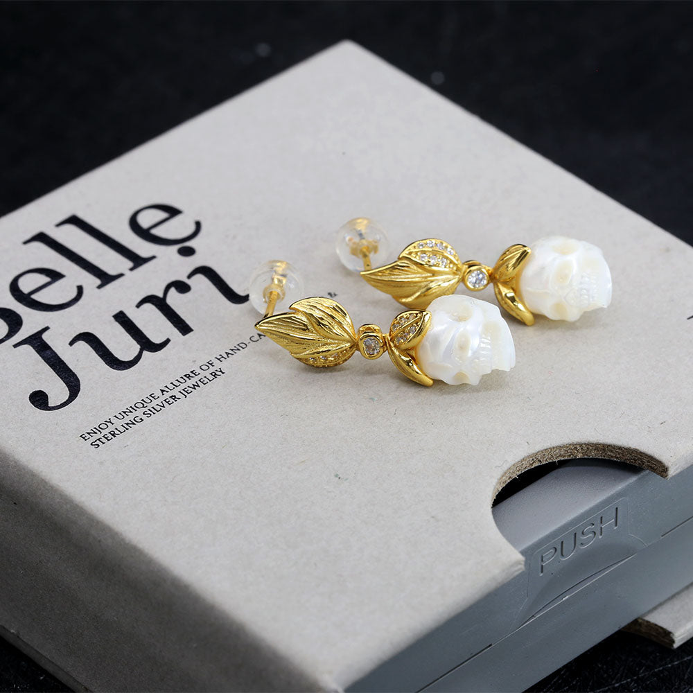 Matte Leaf Pearl Skull Earrings