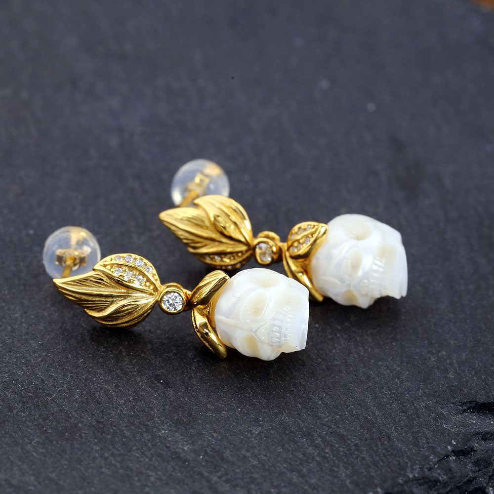 Matte Leaf Pearl Skull Earrings