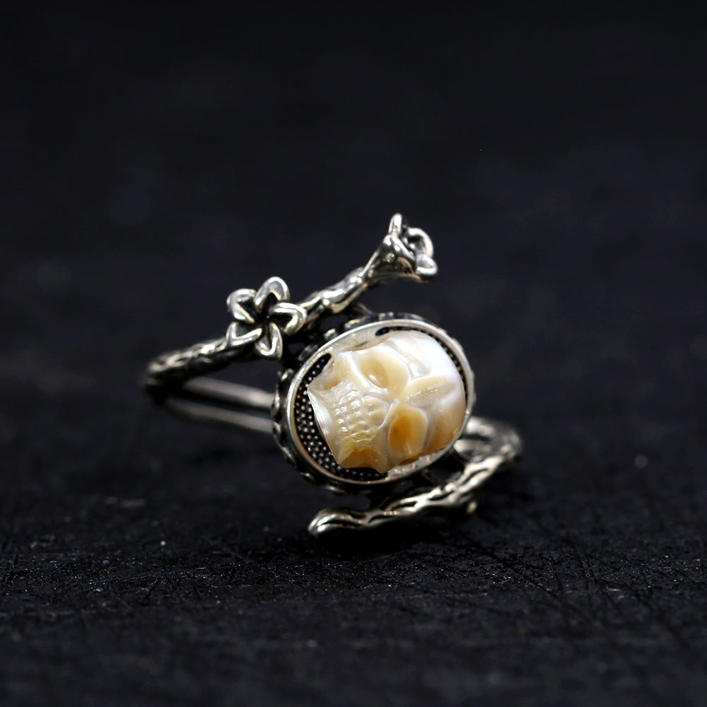 Memento Mori Pearl Skull Flower Vine Branch Ring