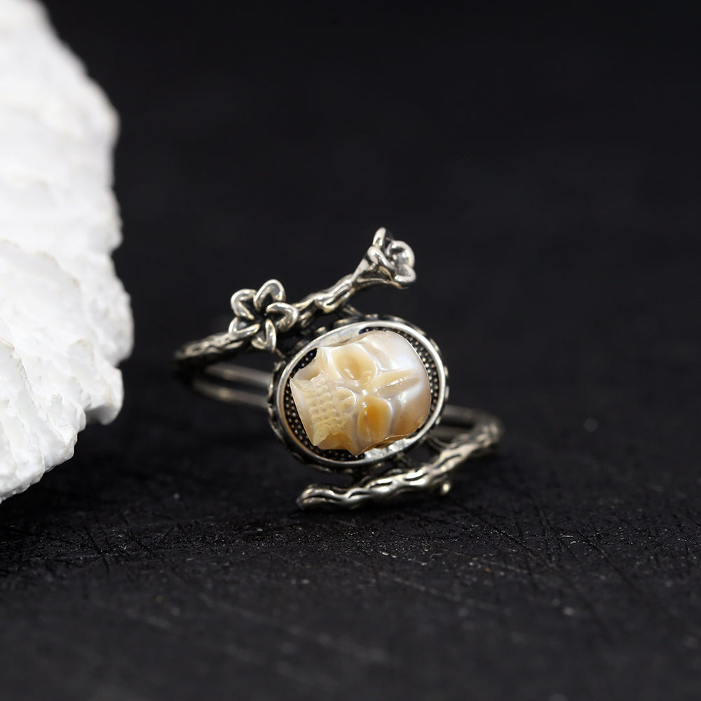 Memento Mori Pearl Skull Flower Vine Branch Ring