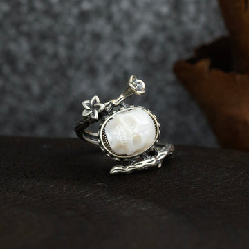 Memento Mori Pearl Skull Flower Vine Branch Ring