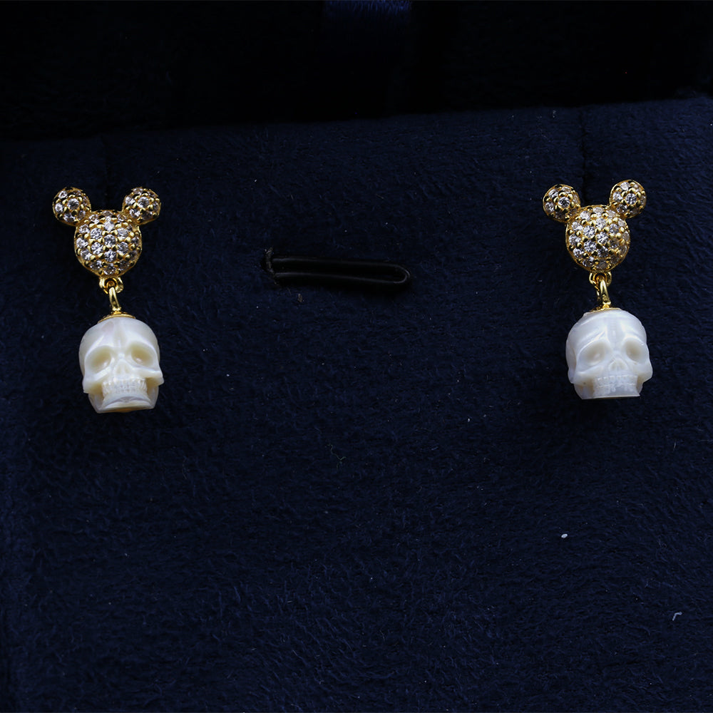 Mickey Ears CZ Pearl Skull Stud Earrings