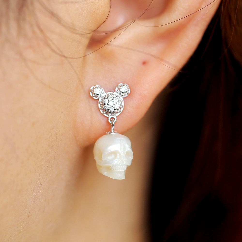 Mickey Ears CZ Pearl Skull Stud Earrings