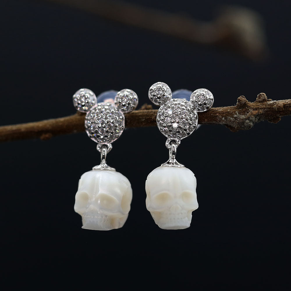 Mickey Ears CZ Pearl Skull Stud Earrings