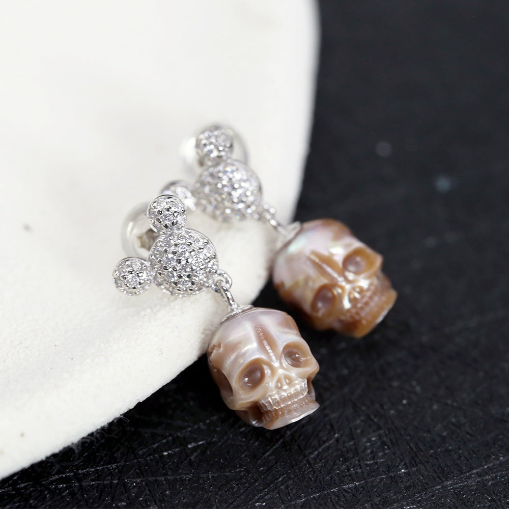 Mickey Ears CZ Pearl Skull Stud Earrings