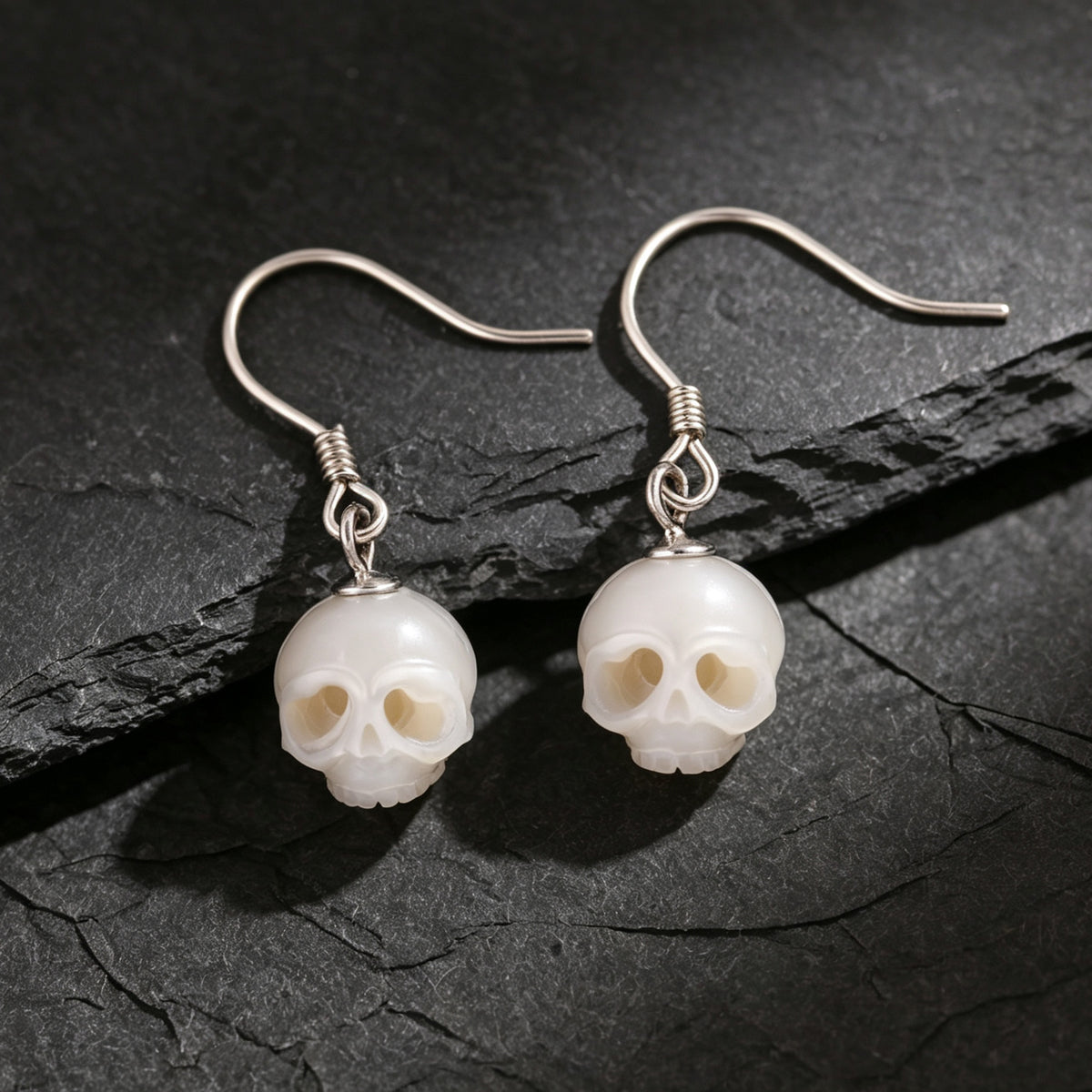 Minimalist Cranium Pearl Dangle Drop Earrings-White