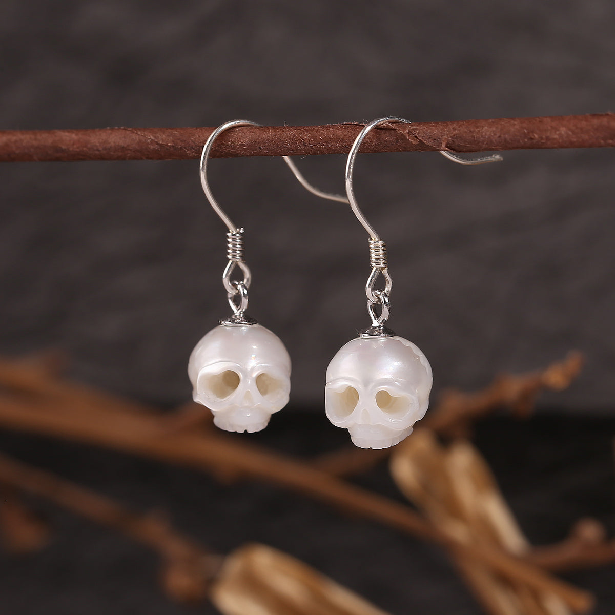 Minimalist Cranium Pearl Dangle Drop Earrings-White