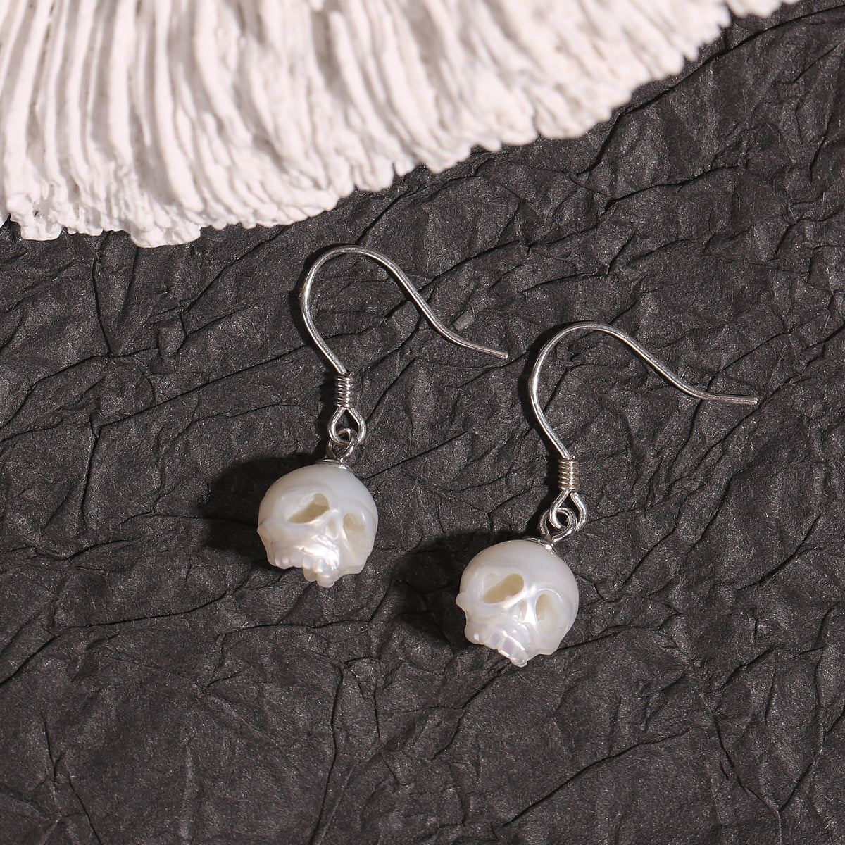 Minimalist Cranium Pearl Dangle Drop Earrings-White