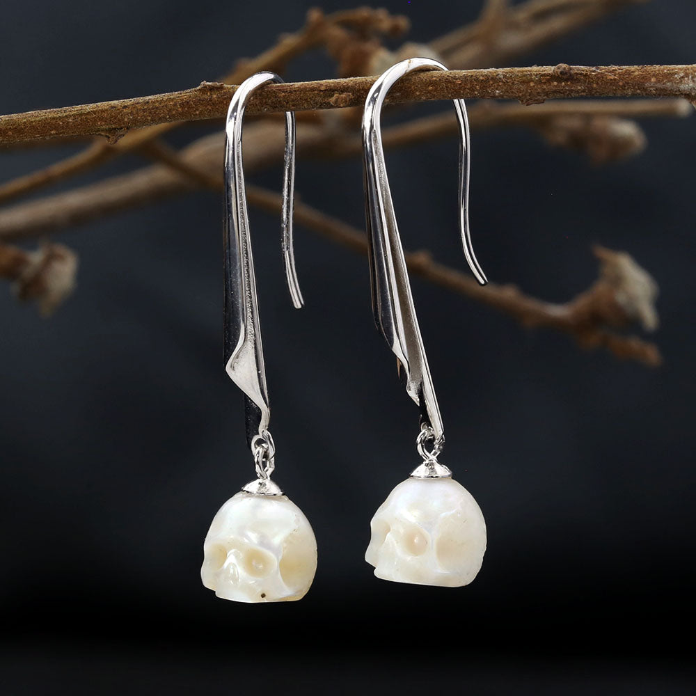 Minimalist Pearl Cranium Hook Earrings