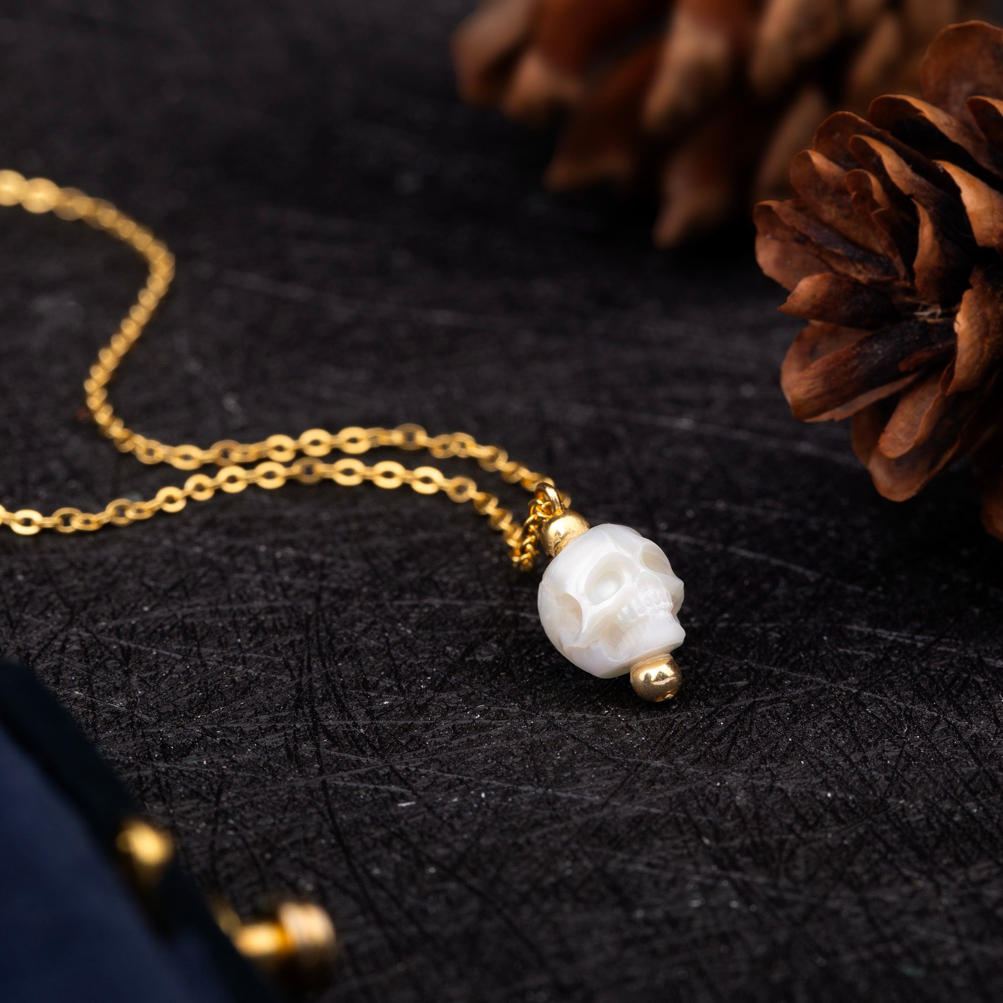 Minimalist Pearl Skull Necklace with Elegant Golden Beads