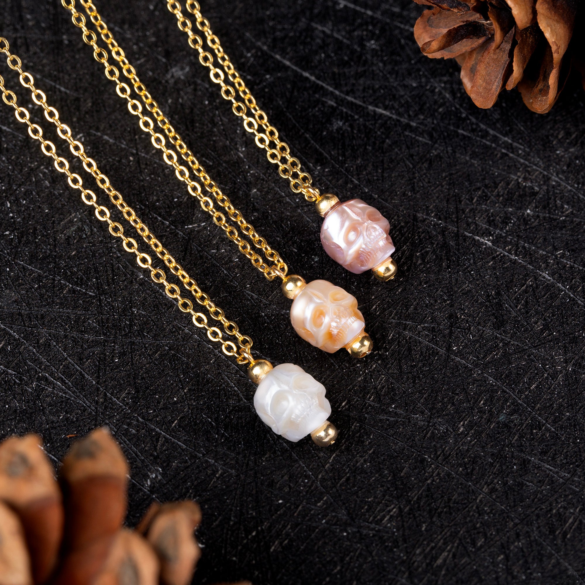 Minimalist Pearl Skull Necklace with Elegant Golden Beads
