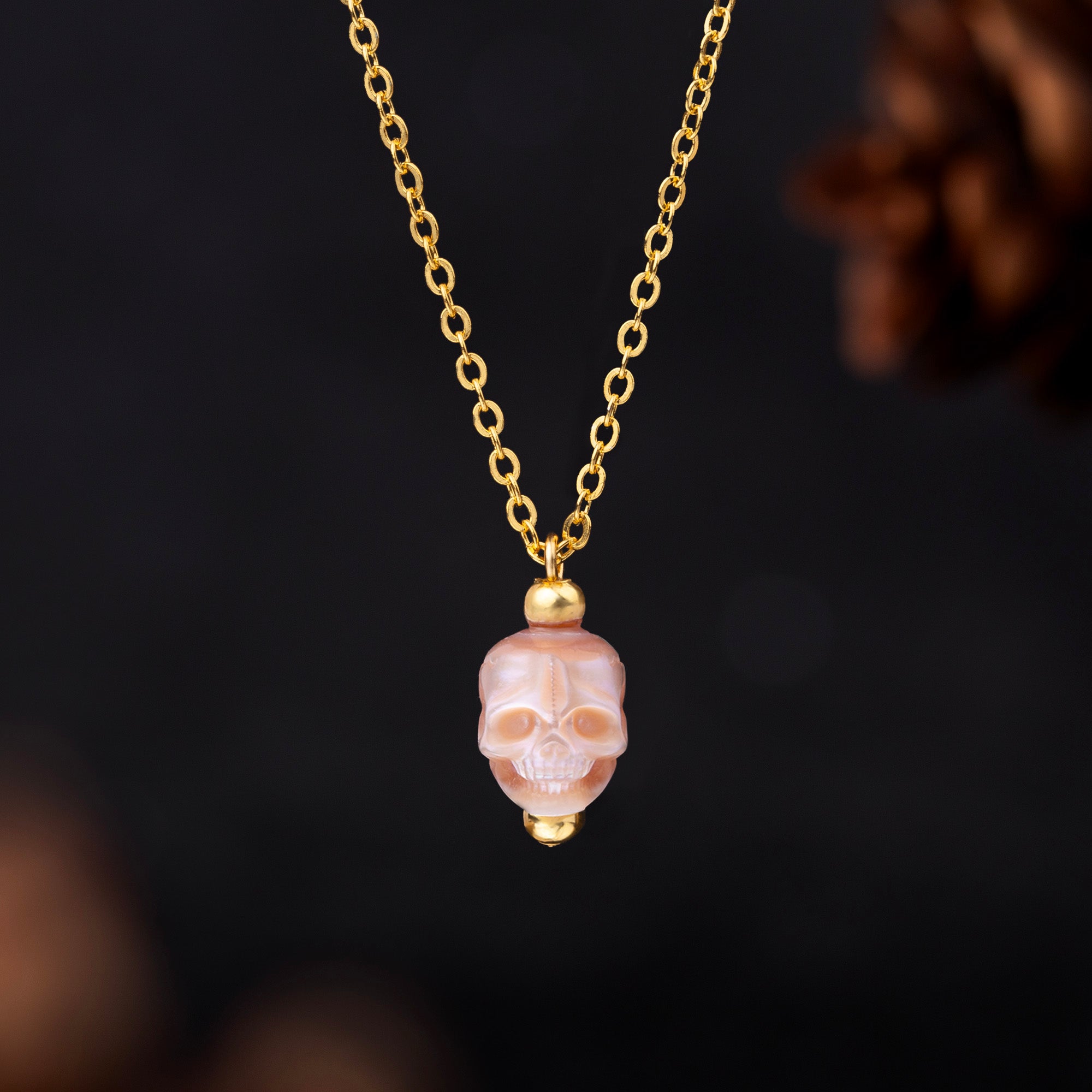 Minimalist Pearl Skull Necklace with Elegant Golden Beads-Belle Juri