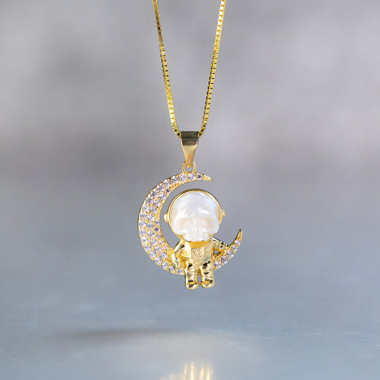 Moon Astronaut Spaceman Cranium Pearl Necklace