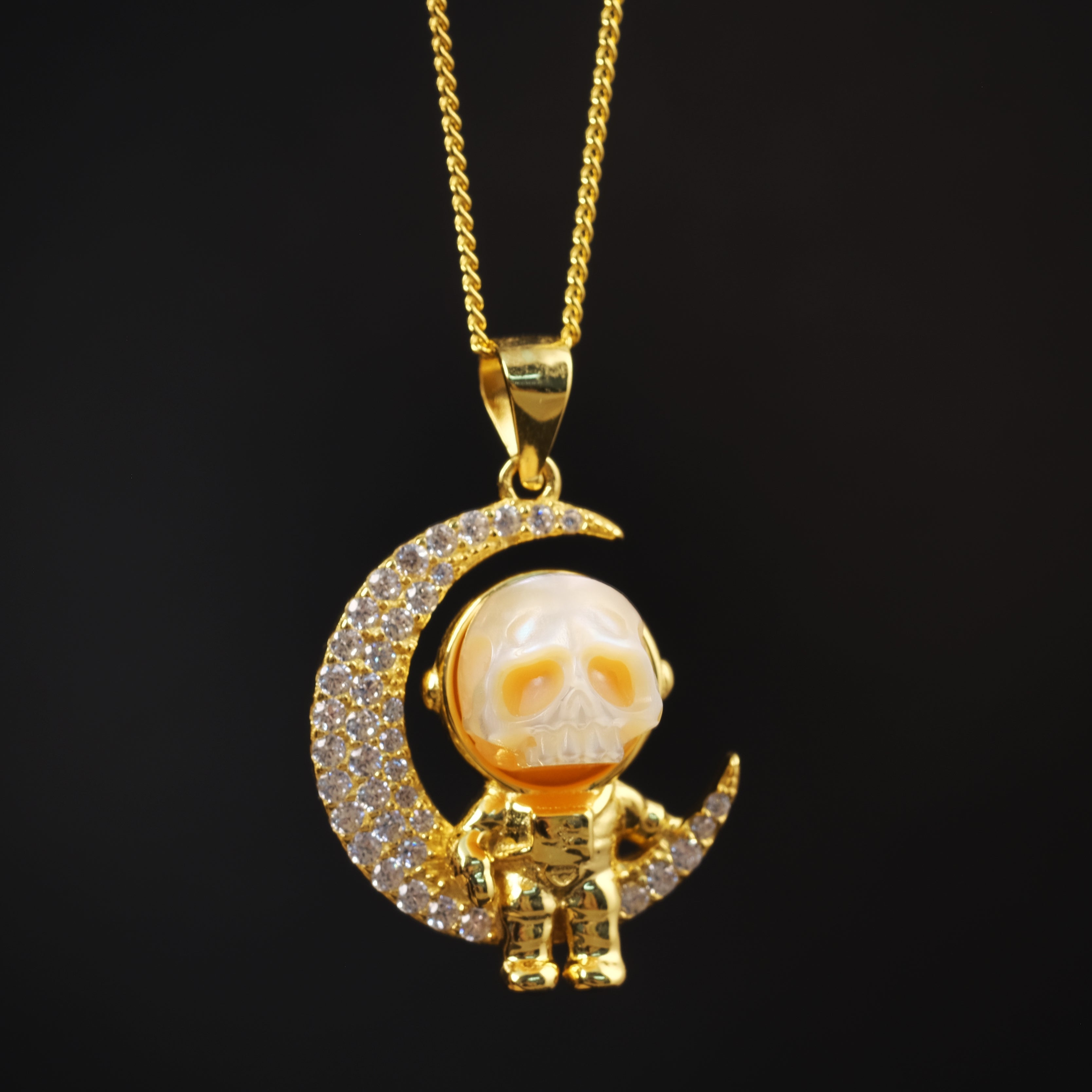 Moon Astronaut Spaceman Cranium Pearl Necklace
