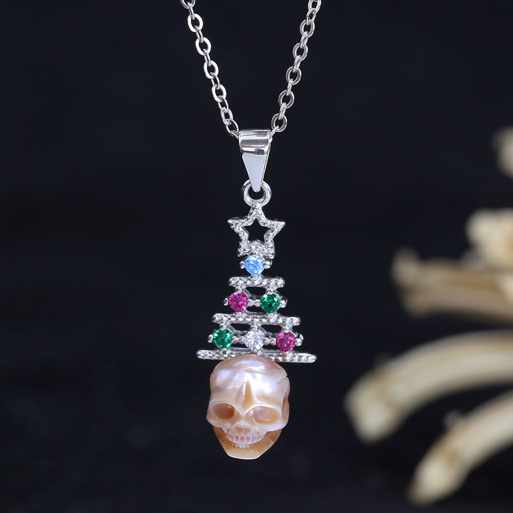 Multicolor Zircon Christmas Tree Pearl Skull Necklace