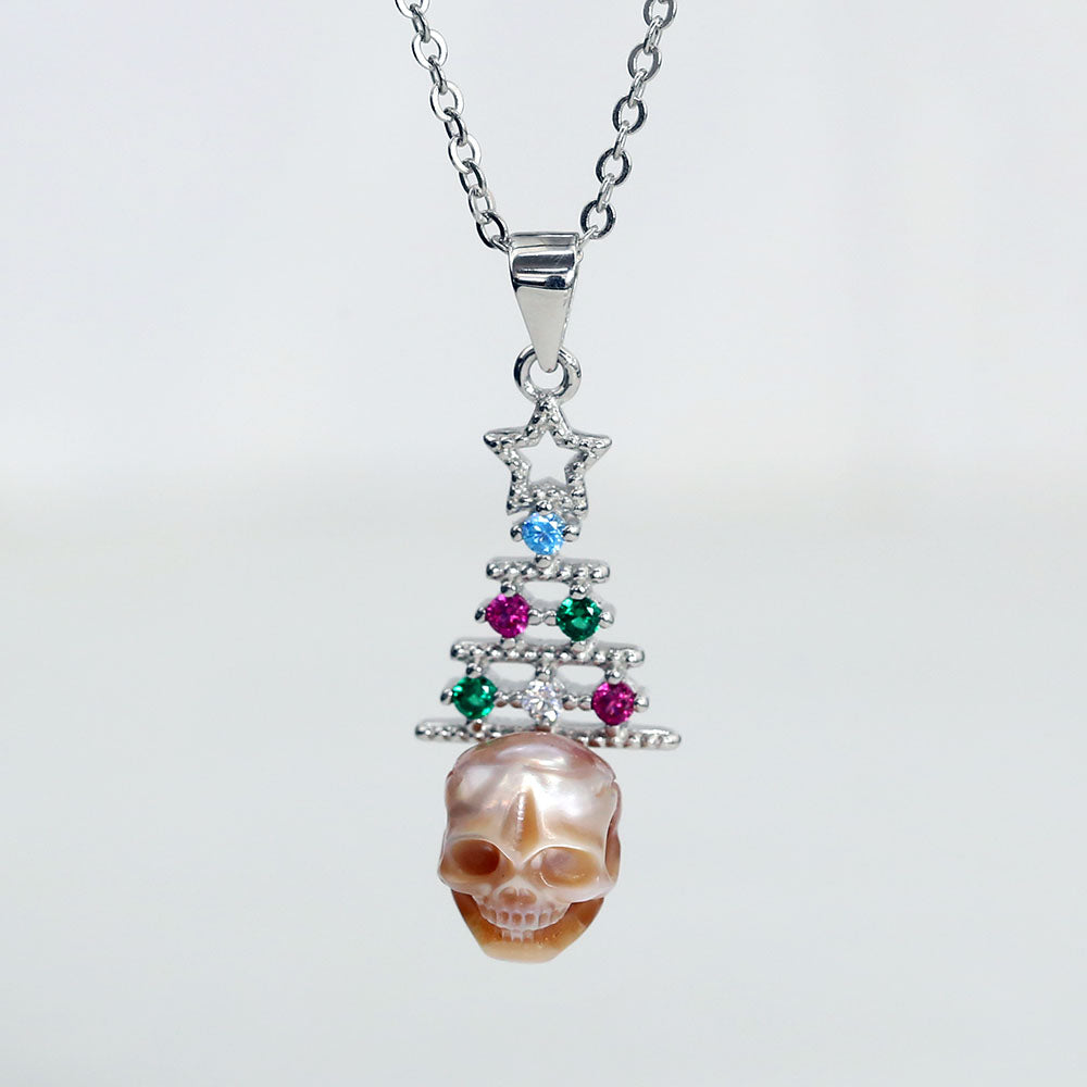 Multicolor Zircon Christmas Tree Pearl Skull Necklace