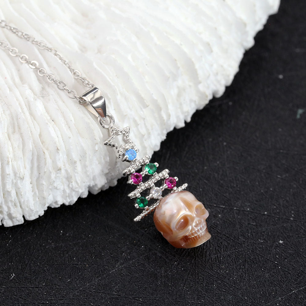 Multicolor Zircon Christmas Tree Pearl Skull Necklace