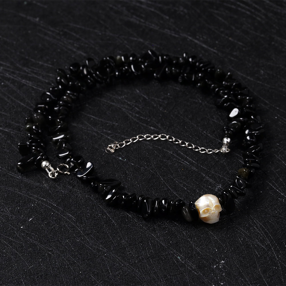 Natural Obsidia Stone Pearl Skull Necklace