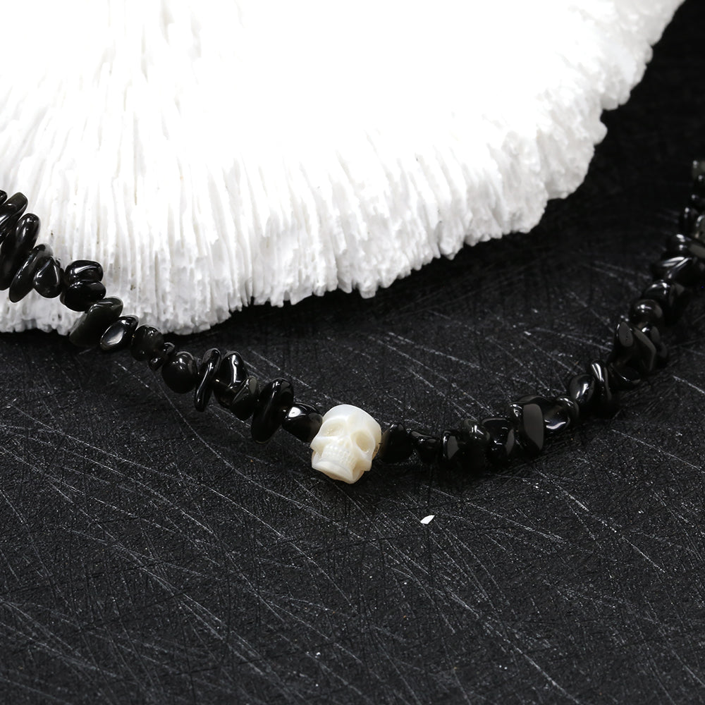 Natural Obsidia Stone Pearl Skull Necklace