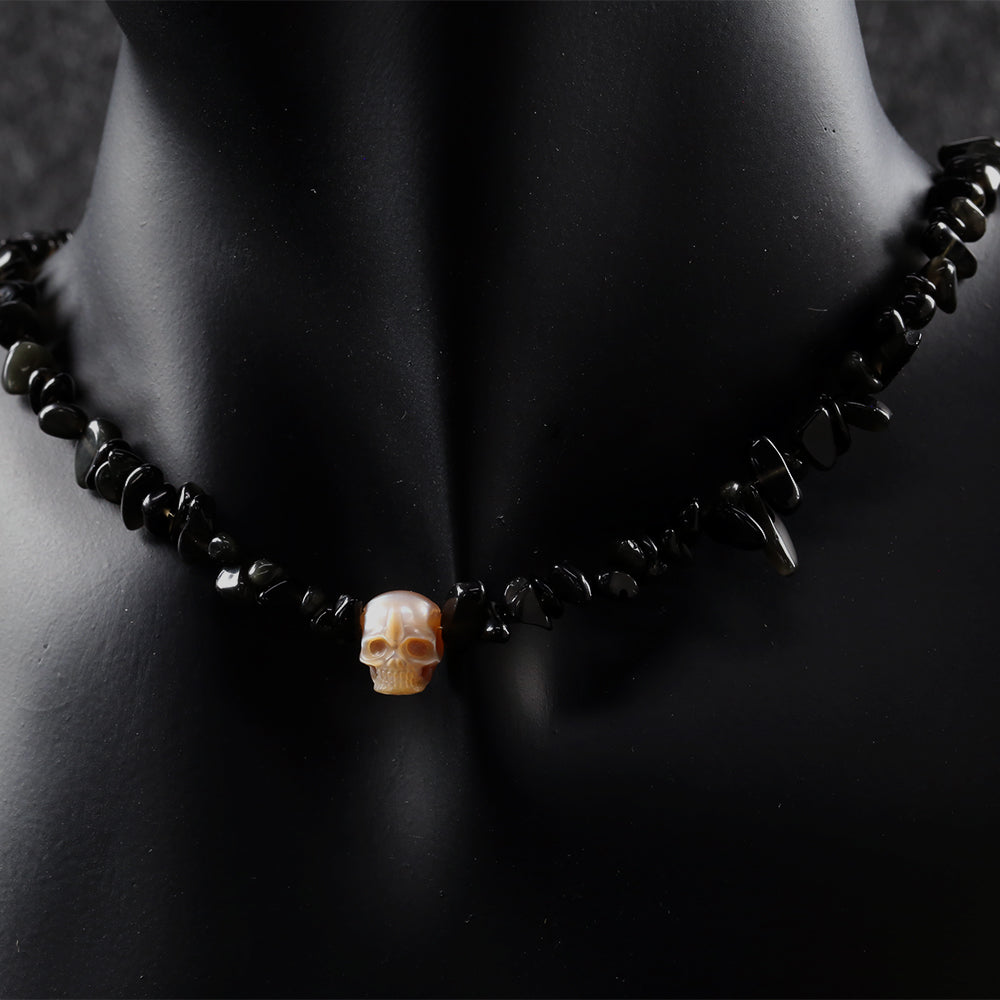 Natural Obsidia Stone Pearl Skull Necklace