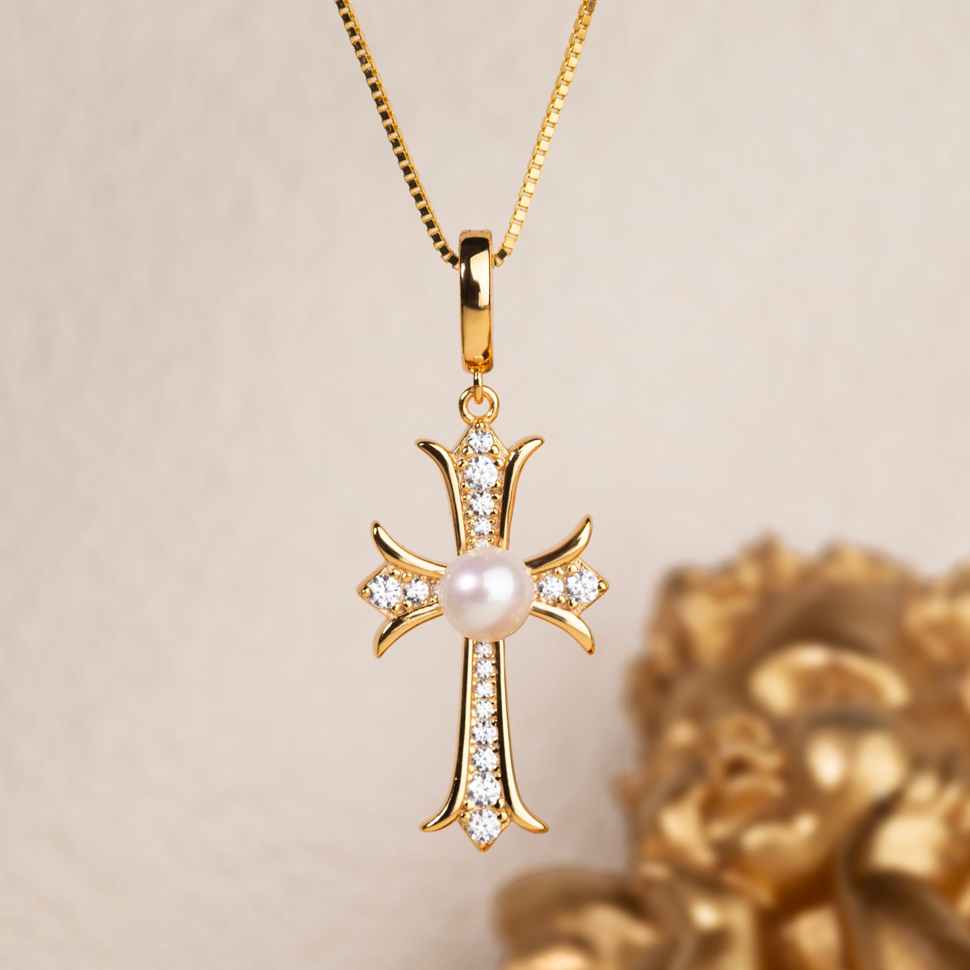 Natural Pearl & Cubic Zirconia Cross Necklace