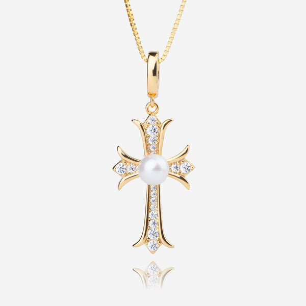 Natural Pearl & Cubic Zirconia Cross Necklace