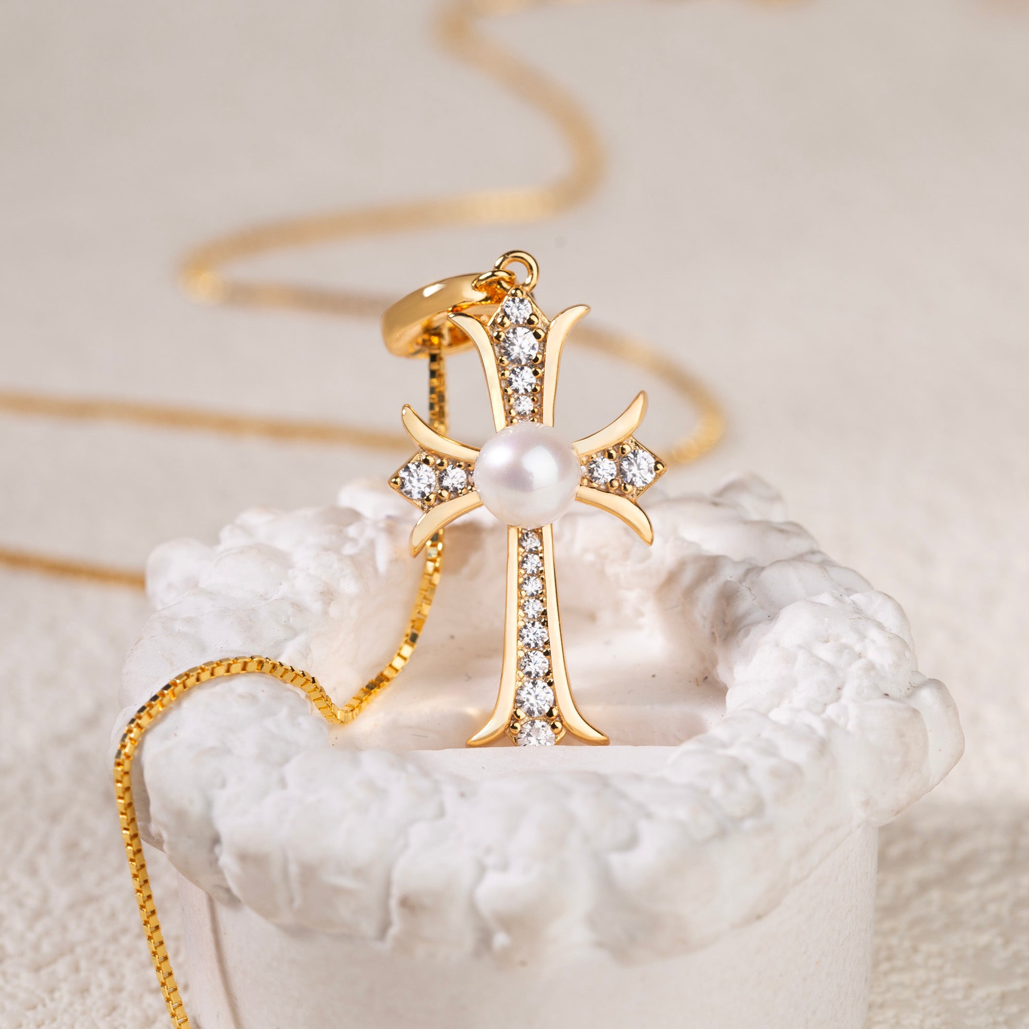 Natural Pearl & Cubic Zirconia Cross Necklace