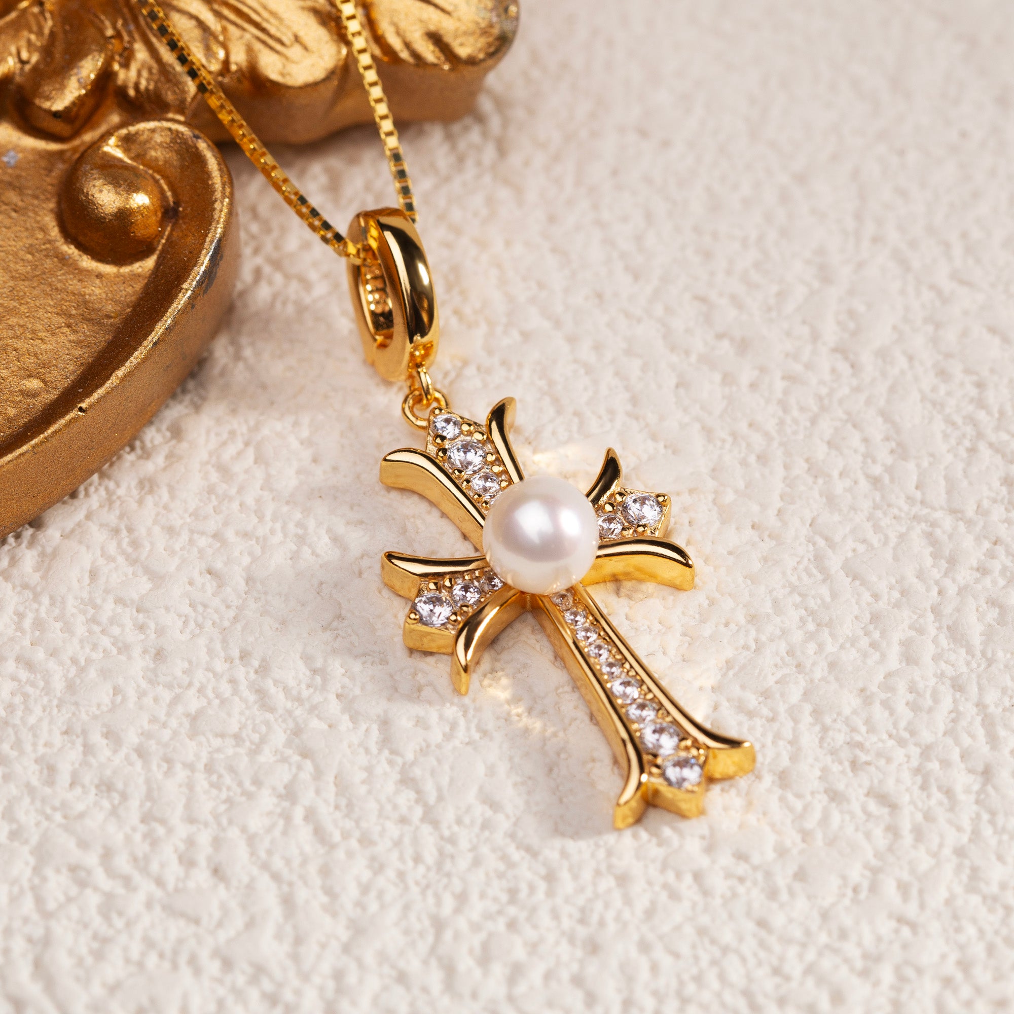 Natural Pearl & Cubic Zirconia Cross Necklace