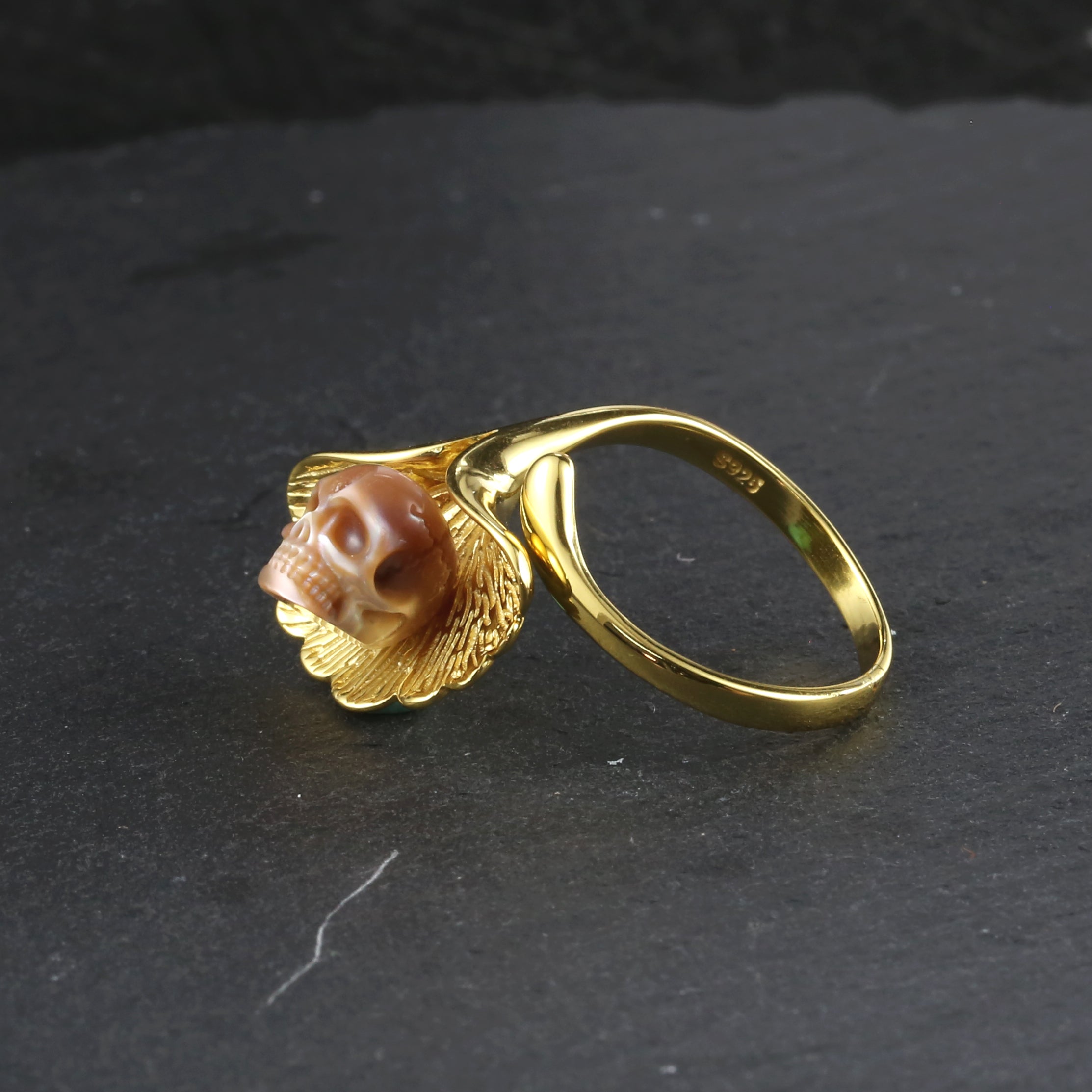 Naturalistic Charm Ginkgo Leaf Pearl Skull Ring