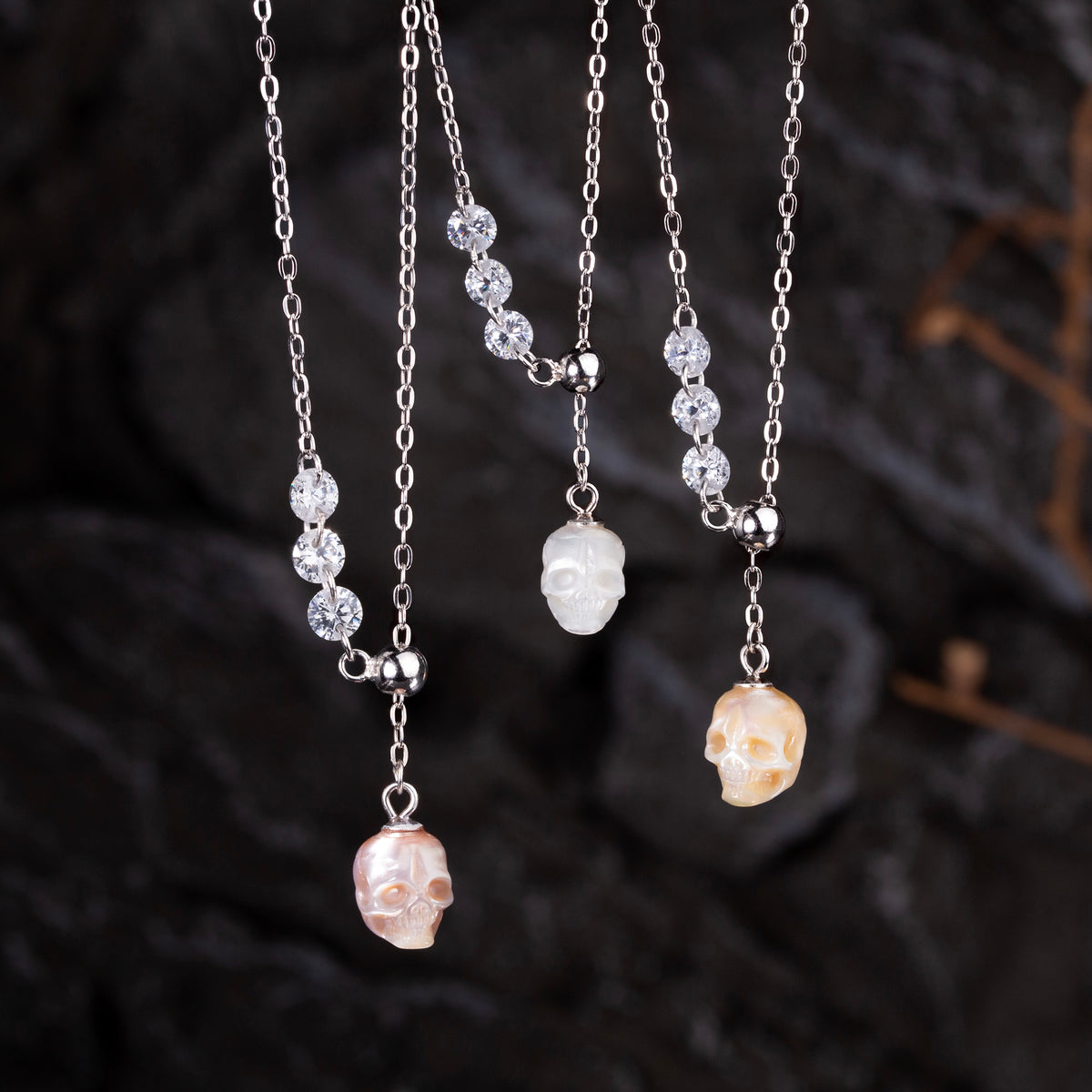 Asymmetrical Pearl Skull Cubic Zirconia CZ Pendant Necklace