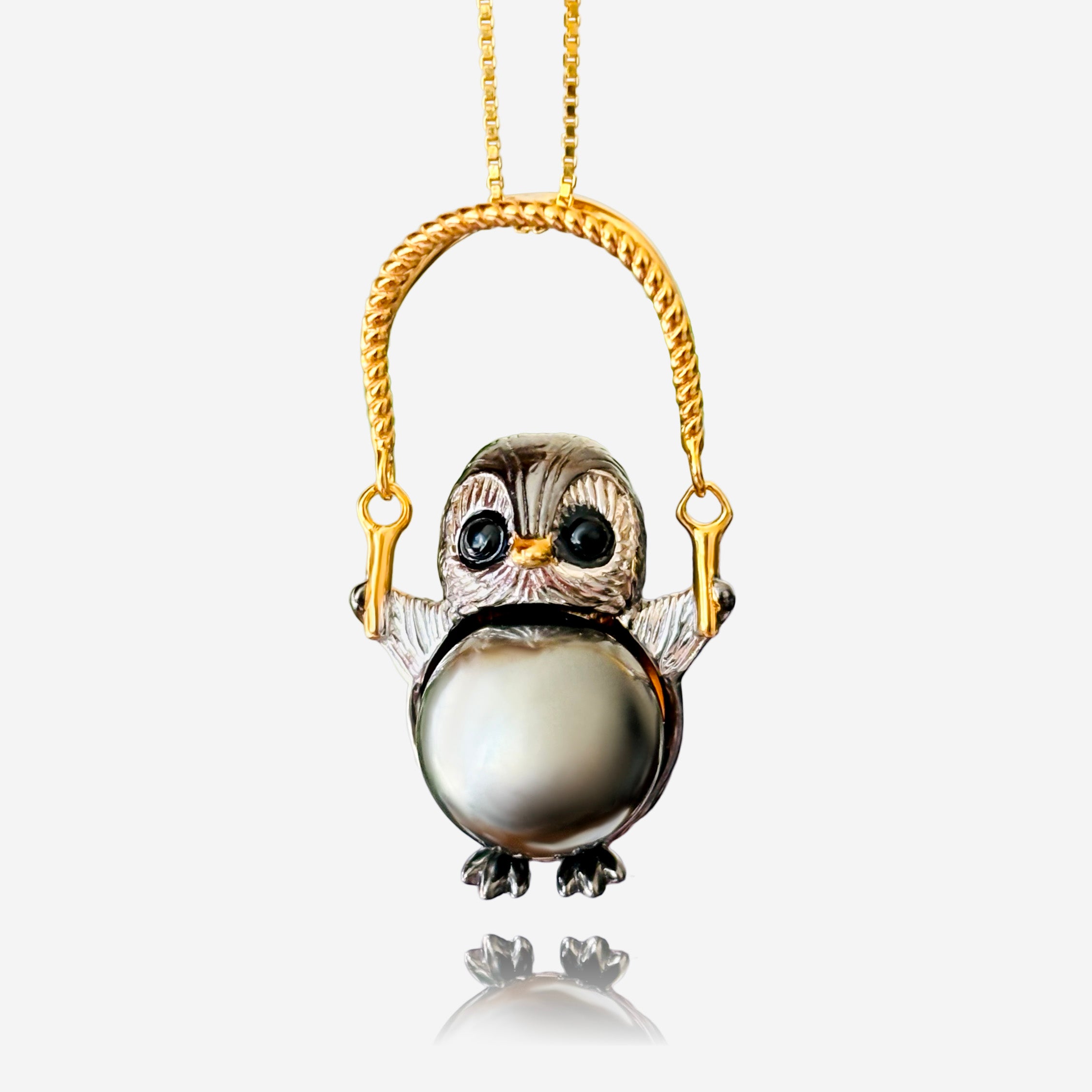 Playful Skipping Penguin Tahitian Pearl Necklace